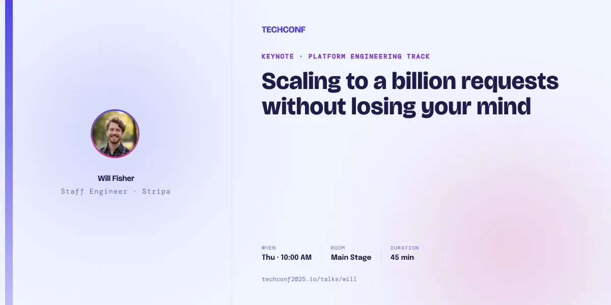 Conference Speaker OG image template preview with talk title, speaker profile, event track, session details, and event URL