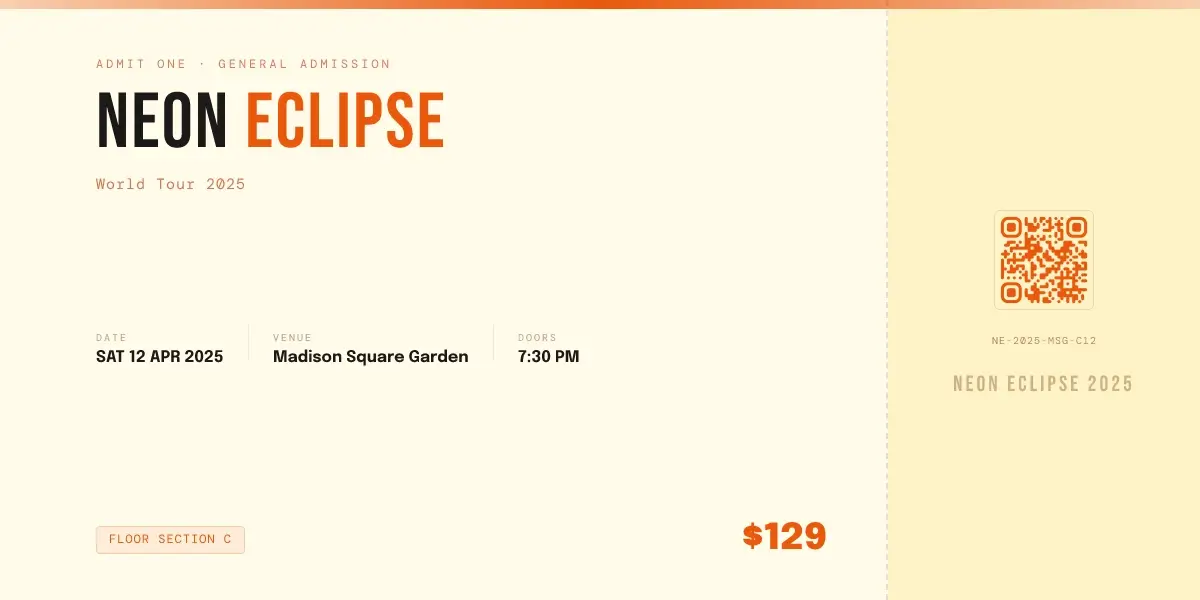Event Ticket OG image template preview with event name, ticket details, date, venue, price, and QR-style artwork